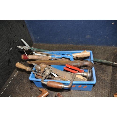 1083 - A METAL TOOL BOX AND A TRAY CONTAINING TOOLS including items stamped N E B, a brace, a hand drill, a... 