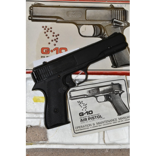 157 - A BOXED G.10 20 SHOT BB REPEATER AIR PISTOL, 4.5mm/ .177 calibre, serial no. 6E212700, action is sti... 