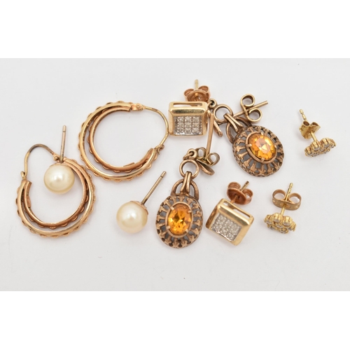 13 - FIVE PAIRS OF EARRINGS, to include a pair of cultured pearl stud earrings, a pair of hinged hoop ear... 