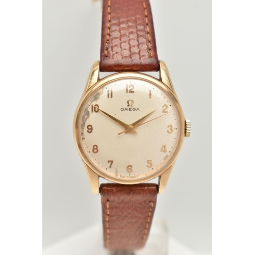 18 - A GENTS 9CT GOLD 'OMEGA' WRISTWATCH, manual wind, round silvered dial signed 'Omega', Arabic numeral... 