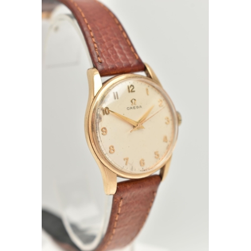 18 - A GENTS 9CT GOLD 'OMEGA' WRISTWATCH, manual wind, round silvered dial signed 'Omega', Arabic numeral... 