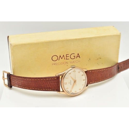 18 - A GENTS 9CT GOLD 'OMEGA' WRISTWATCH, manual wind, round silvered dial signed 'Omega', Arabic numeral... 