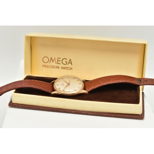 18 - A GENTS 9CT GOLD 'OMEGA' WRISTWATCH, manual wind, round silvered dial signed 'Omega', Arabic numeral... 