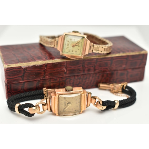 23 - TWO LADIES EARLY TO MID 20TH CENTURY WRISTWATCHES, the first a manual wind watch, square discolored ... 