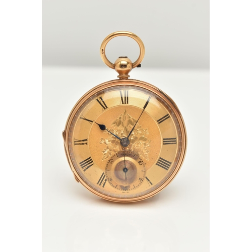 24 - A LATE VICTORIAN 18CT GOLD OPEN FACE POCKET WATCH, key wound, round gold floral detailed dial, Roman... 