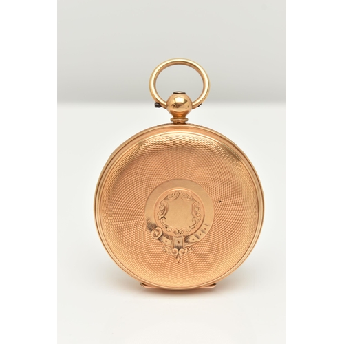 24 - A LATE VICTORIAN 18CT GOLD OPEN FACE POCKET WATCH, key wound, round gold floral detailed dial, Roman... 