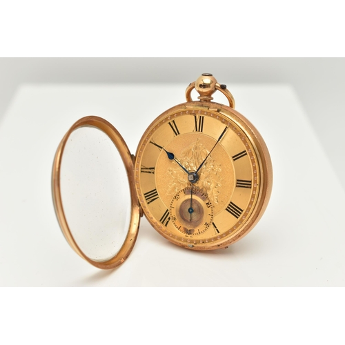 24 - A LATE VICTORIAN 18CT GOLD OPEN FACE POCKET WATCH, key wound, round gold floral detailed dial, Roman... 