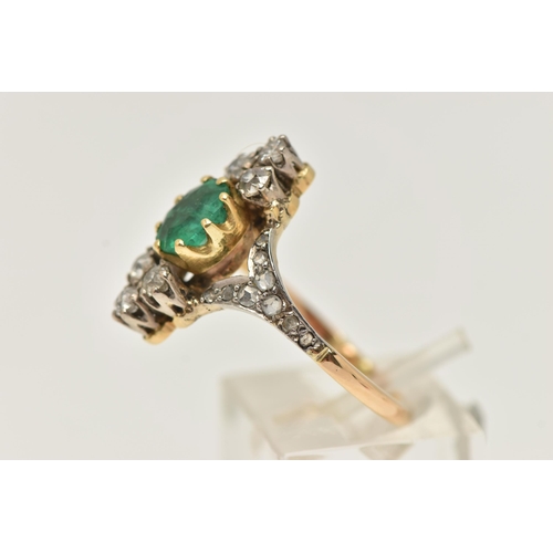 25 - AN 18CT GOLD EMERALD AND DIAMOND DRESS RING, centrally set with an oval cut emerald in an eight claw... 