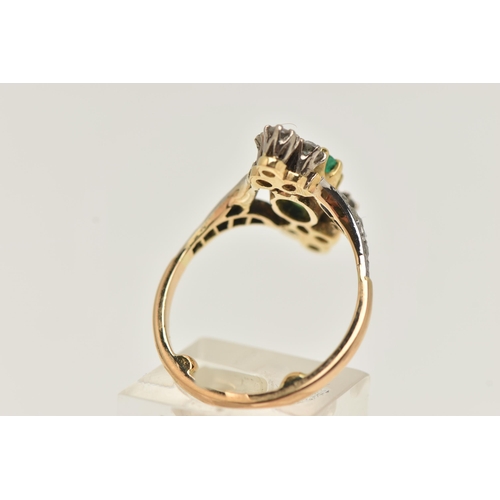 25 - AN 18CT GOLD EMERALD AND DIAMOND DRESS RING, centrally set with an oval cut emerald in an eight claw... 