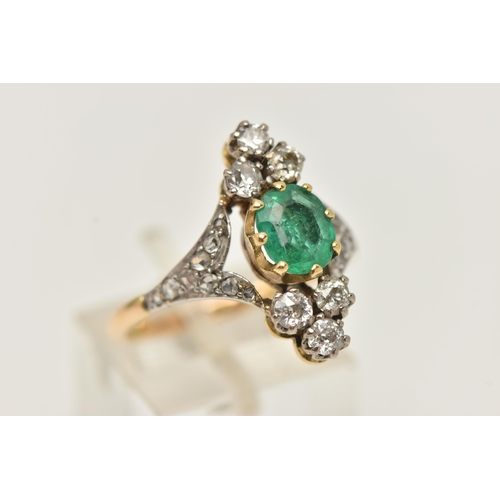 25 - AN 18CT GOLD EMERALD AND DIAMOND DRESS RING, centrally set with an oval cut emerald in an eight claw... 