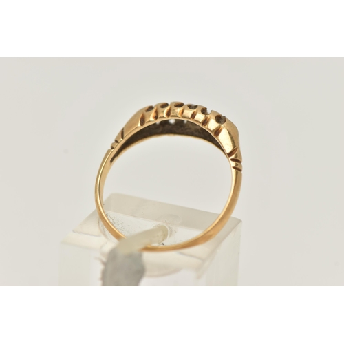 30 - AN 18CT GOLD DIAMOND BOAT RING, (AF one diamond is missing), old and rose cut diamonds in an open wo... 