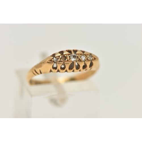 30 - AN 18CT GOLD DIAMOND BOAT RING, (AF one diamond is missing), old and rose cut diamonds in an open wo... 