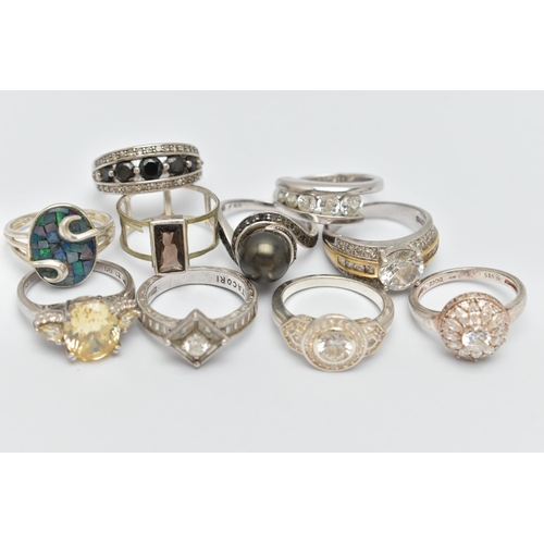 32 - TEN WHITE METAL RINGS, to include a rectangular smoky quartz ring, an imitation pearl ring, various ... 