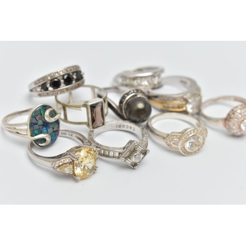 32 - TEN WHITE METAL RINGS, to include a rectangular smoky quartz ring, an imitation pearl ring, various ... 