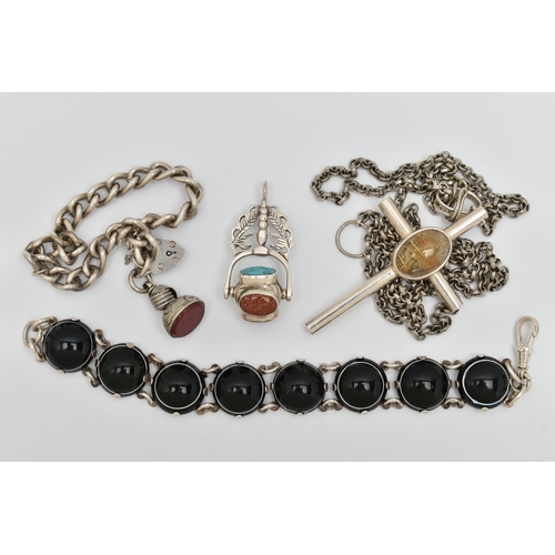 34 - FOUR ITEMS OF SILVER AND WHITE METAL JEWELLERY, to include a cross pendant set to the centre with an... 