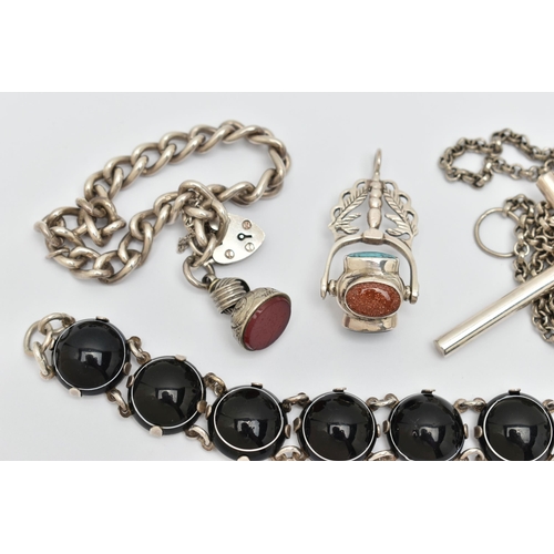 34 - FOUR ITEMS OF SILVER AND WHITE METAL JEWELLERY, to include a cross pendant set to the centre with an... 