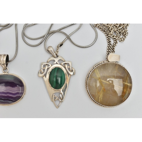 35 - FOUR GEM SET PENDANT NECKLACES, to include malachite, rutilated quartz, banded fluorite and jasper, ... 