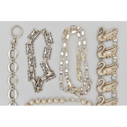 37 - SIX ITEMS OF WHITE METAL JEWELLERY, to include a swan bracelet, a scrolling acanthus panel bracelet,... 