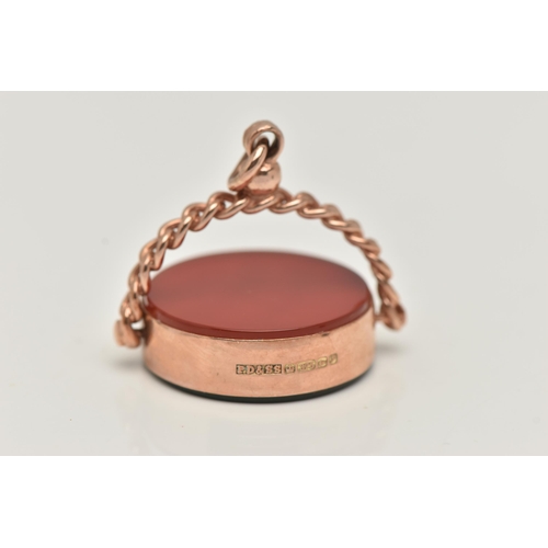 4 - A 9CT GOLD SWIVEL FOB, of circular outline set with carnelian and bloodstone to the curb link grip, ... 