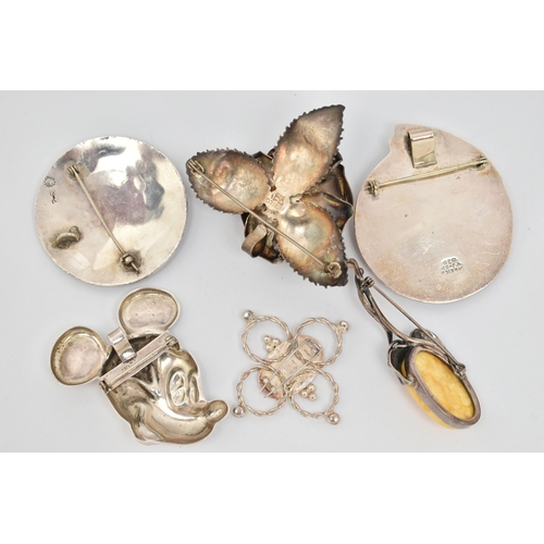 40 - AN ASSORTMENT OF SIX SILVER AND WHITE METAL BROOCHES, the first a silver quatrefoil brooch, hallmark... 