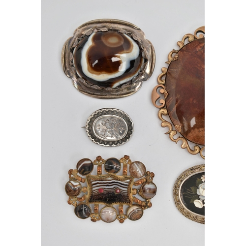 45 - EIGHT MAINLY LATE VICTORIAN BROOCHES, to include a Pietra dura floral brooch, an oval inlaid hardsto... 