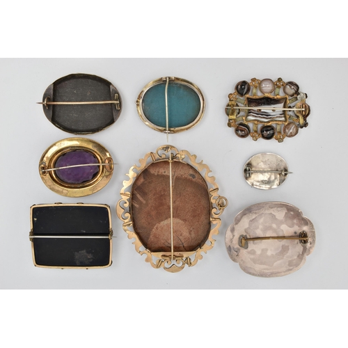 45 - EIGHT MAINLY LATE VICTORIAN BROOCHES, to include a Pietra dura floral brooch, an oval inlaid hardsto... 