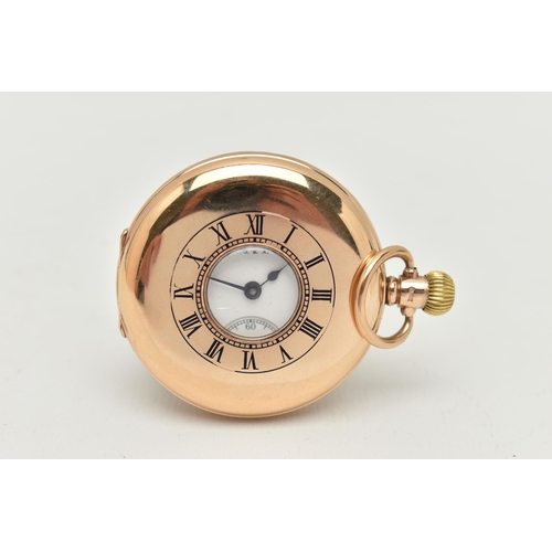 49 - A 9CT GOLD, 'WALTHAM' HALF HUNTER POCKET WATCH, manual wind, round white dial signed 'Waltham U.S.A'... 