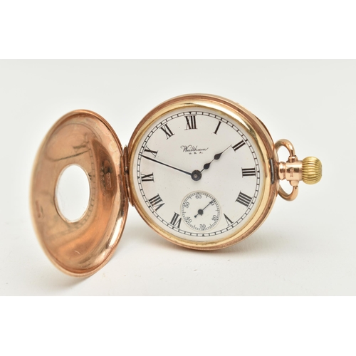 49 - A 9CT GOLD, 'WALTHAM' HALF HUNTER POCKET WATCH, manual wind, round white dial signed 'Waltham U.S.A'... 