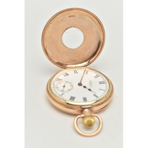 49 - A 9CT GOLD, 'WALTHAM' HALF HUNTER POCKET WATCH, manual wind, round white dial signed 'Waltham U.S.A'... 