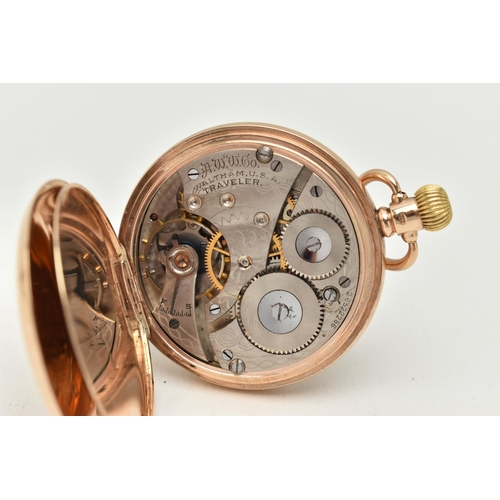 49 - A 9CT GOLD, 'WALTHAM' HALF HUNTER POCKET WATCH, manual wind, round white dial signed 'Waltham U.S.A'... 