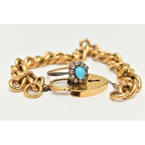 57 - A TURQUOISE AND DIAMOND CLUSTER RING AND A ROLLED GOLD CURB LINK BRACELET, a white metal oval cluste... 