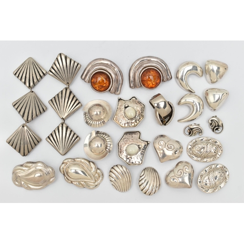 66 - AN ASSORTMENT OF WHITE METAL EARRINGS, twelve pairs of large statement clip on earrings, to include ... 