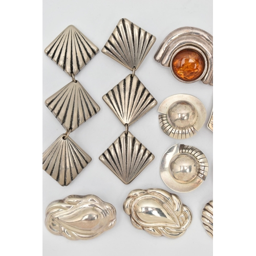 66 - AN ASSORTMENT OF WHITE METAL EARRINGS, twelve pairs of large statement clip on earrings, to include ... 