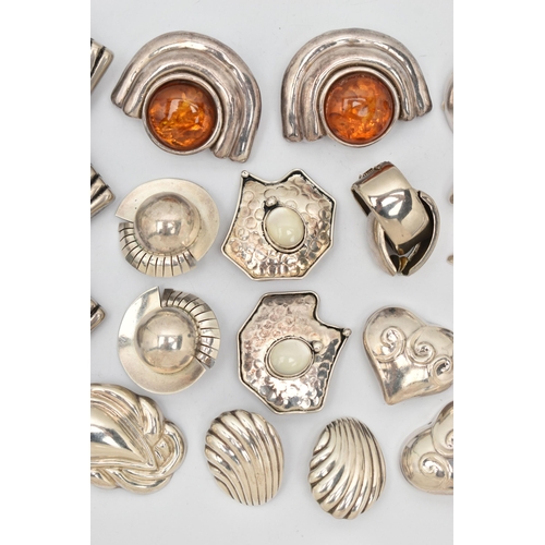 66 - AN ASSORTMENT OF WHITE METAL EARRINGS, twelve pairs of large statement clip on earrings, to include ... 