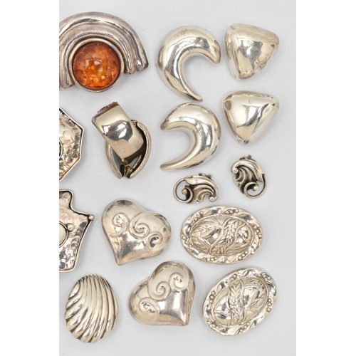 66 - AN ASSORTMENT OF WHITE METAL EARRINGS, twelve pairs of large statement clip on earrings, to include ... 