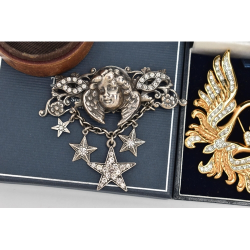 70 - AN ASSORTMENT OF COSTUME JEWELLERY, to include a white metal 'Askew London' celestial brooch, a doub... 