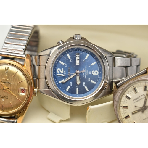 72 - THREE GENTS WRISTWATCHES, to include a boxed 'Seiko Kinetic' round blue dial, Arabic and baton marke... 