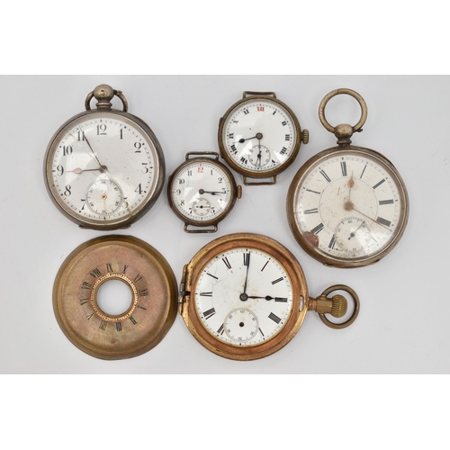 76 - FIVE WATCHES, to include two open face pocket watches, a half hunter pocket watch and two watch head... 