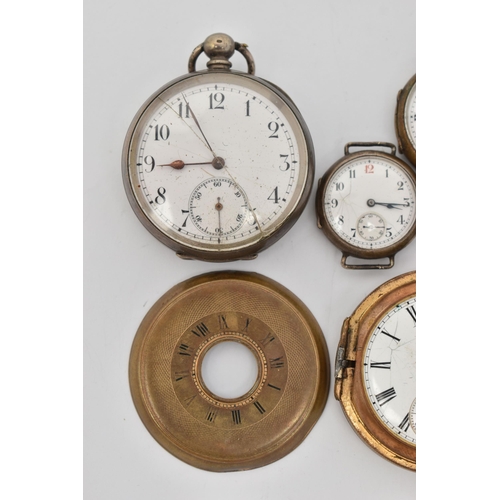 76 - FIVE WATCHES, to include two open face pocket watches, a half hunter pocket watch and two watch head... 