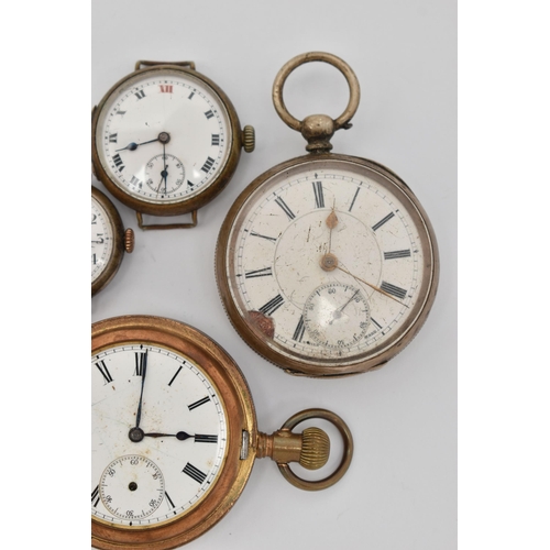 76 - FIVE WATCHES, to include two open face pocket watches, a half hunter pocket watch and two watch head... 