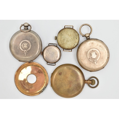 76 - FIVE WATCHES, to include two open face pocket watches, a half hunter pocket watch and two watch head... 