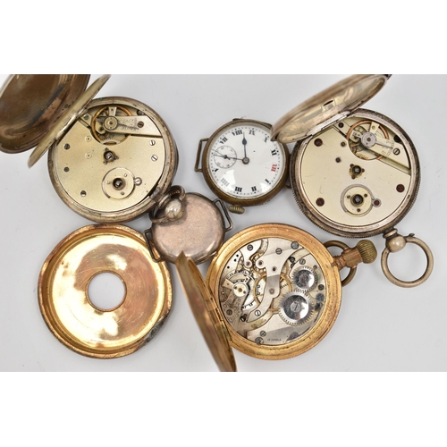 76 - FIVE WATCHES, to include two open face pocket watches, a half hunter pocket watch and two watch head... 