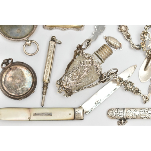 80 - AN ASSORTMENT OF SILVER AND WHITE METAL, to include a silver and mother of pearl fruit knife, partia... 