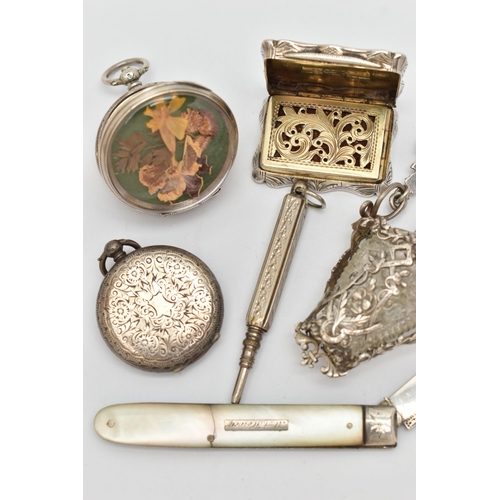 80 - AN ASSORTMENT OF SILVER AND WHITE METAL, to include a silver and mother of pearl fruit knife, partia... 