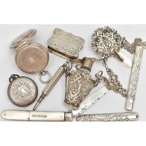 80 - AN ASSORTMENT OF SILVER AND WHITE METAL, to include a silver and mother of pearl fruit knife, partia... 