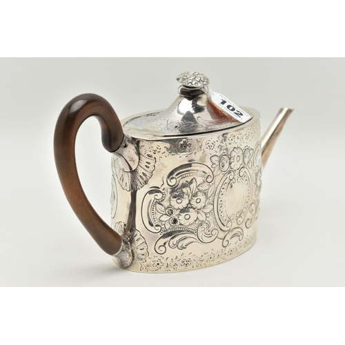 102 - A GEORGE III OVAL TEAPOT WITH LATER REPOUSSE DECORATION, floral oval finial with split horn insulato... 