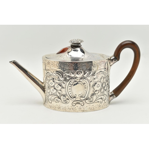 102 - A GEORGE III OVAL TEAPOT WITH LATER REPOUSSE DECORATION, floral oval finial with split horn insulato... 