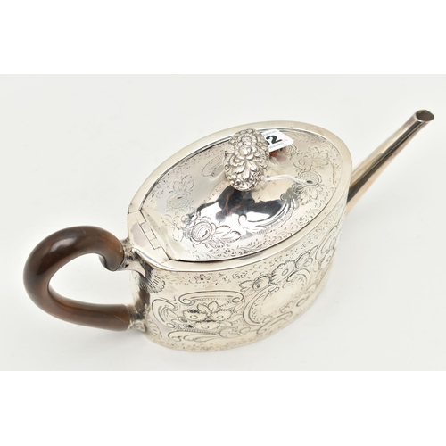 102 - A GEORGE III OVAL TEAPOT WITH LATER REPOUSSE DECORATION, floral oval finial with split horn insulato... 