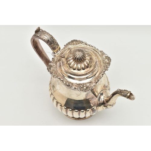 106 - A GEORGE IV SILVER PEDESTAL COFFEE POT, the knopped finial with ivory insulator, reeded hinged lid a... 