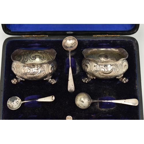 107 - AN EARLY 20TH CENTURY SILVER CASED 'ELKINGTON & CO LTD' SALT SET, comprised of four cauldron shaped ... 